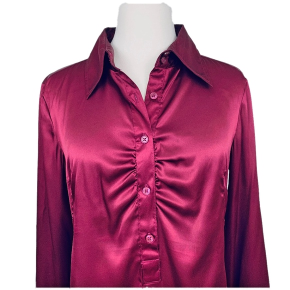 NEW YORK & COMPANY Blouse Shirred Stretch Long Sleeve Wine Medium - Picture 4 of 7